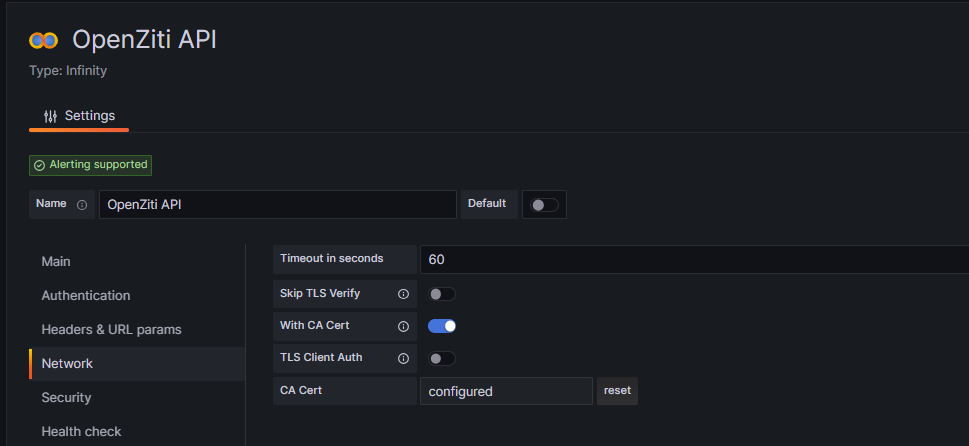 Infinity datasource network confioguration